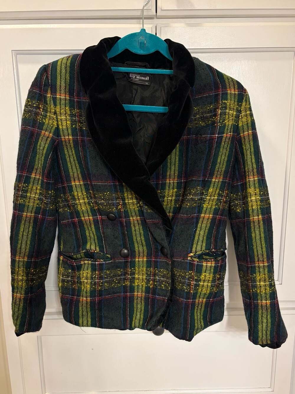 Vintage Lutz Teutloff West Germany Virgin Wool Plaid Blazer Velvet Collar, 36